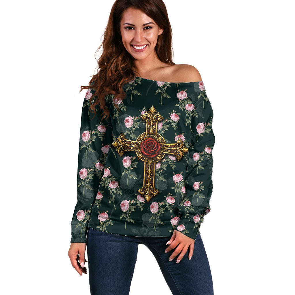 Rosicrucian Order Rose Cross Off Shoulder Sweater Gothic Baroque Crucifix Vintage Floral