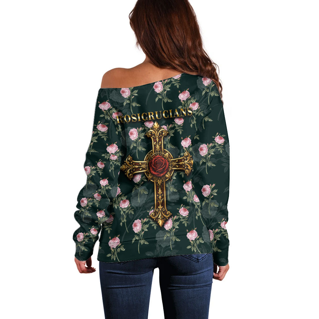 Rosicrucian Order Rose Cross Off Shoulder Sweater Gothic Baroque Crucifix Vintage Floral