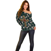 Rosicrucian Order Rose Cross Off Shoulder Sweater Gothic Baroque Crucifix Vintage Floral