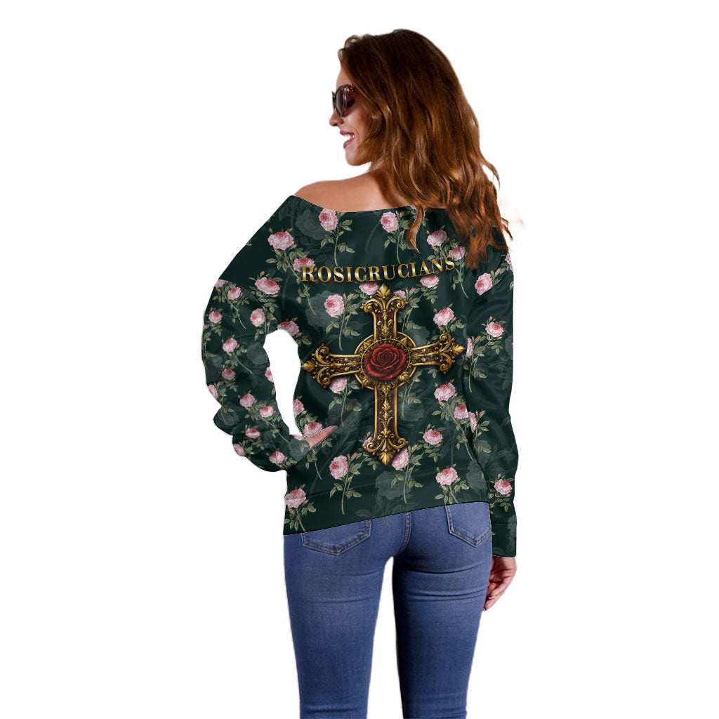 Rosicrucian Order Rose Cross Off Shoulder Sweater Gothic Baroque Crucifix Vintage Floral