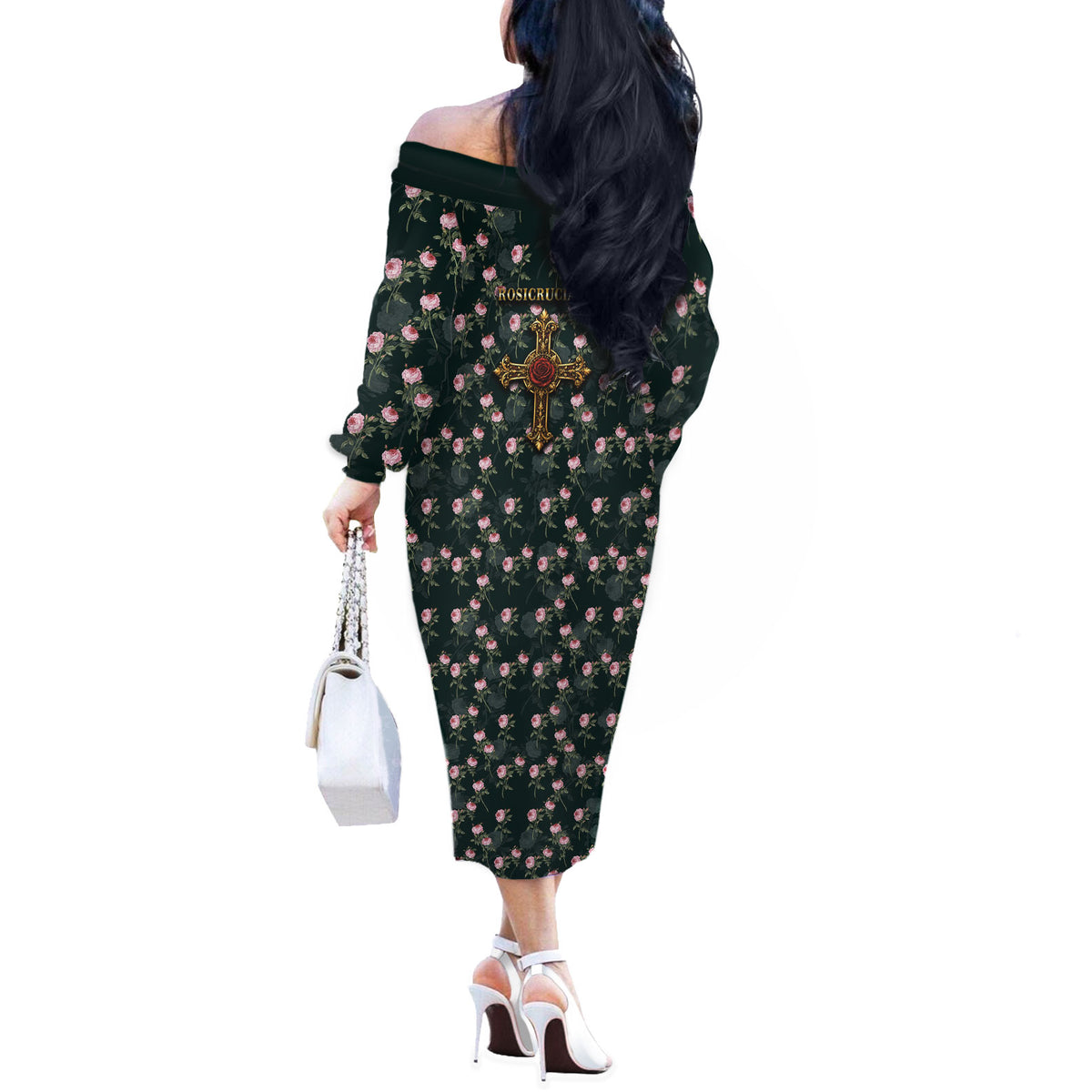 Rosicrucian Order Rose Cross Off The Shoulder Long Sleeve Dress Gothic Baroque Crucifix Vintage Floral