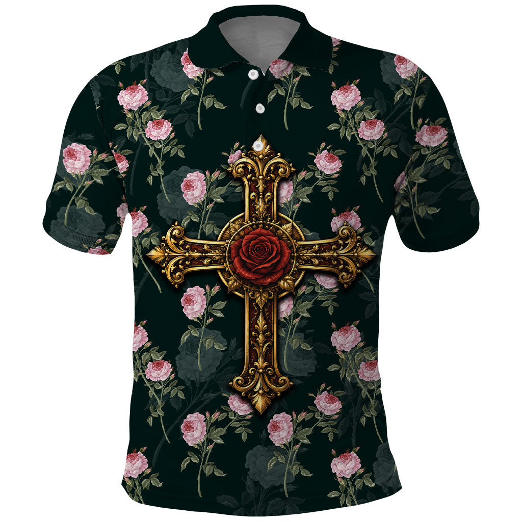 Rosicrucian Order Rose Cross Polo Shirt Gothic Baroque Crucifix Vintage Floral