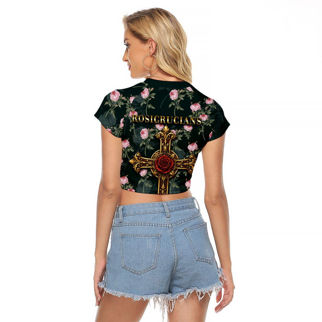 Rosicrucian Order Rose Cross Raglan Cropped T Shirt Gothic Baroque Crucifix Vintage Floral