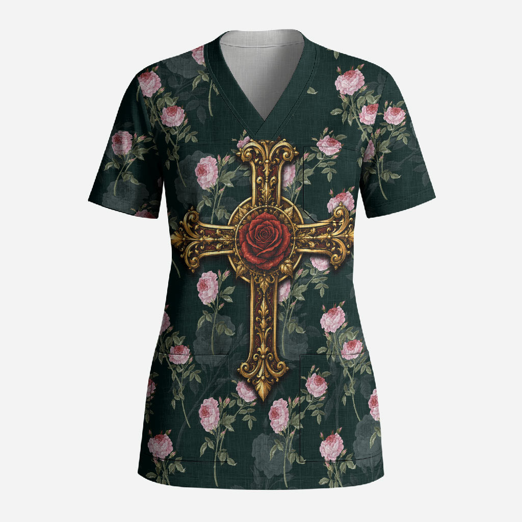 Rosicrucian Order Rose Cross Scrub Top Gothic Baroque Crucifix Vintage Floral