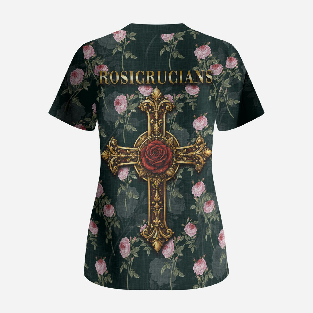 Rosicrucian Order Rose Cross Scrub Top Gothic Baroque Crucifix Vintage Floral