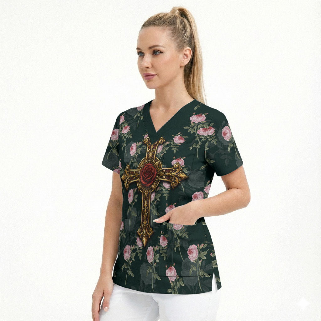 Rosicrucian Order Rose Cross Scrub Top Gothic Baroque Crucifix Vintage Floral