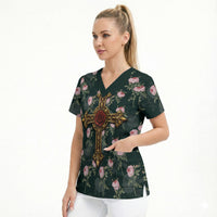 Rosicrucian Order Rose Cross Scrub Top Gothic Baroque Crucifix Vintage Floral