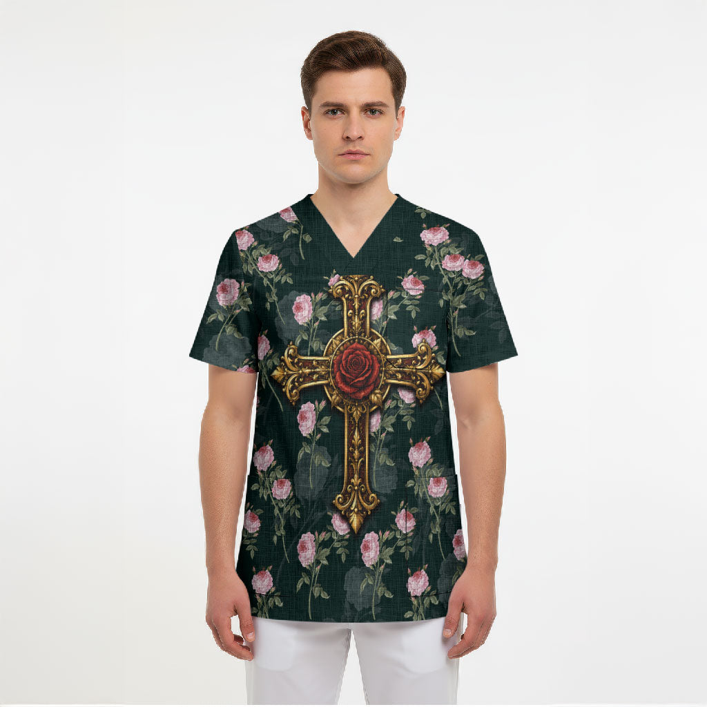 Rosicrucian Order Rose Cross Scrub Top Gothic Baroque Crucifix Vintage Floral
