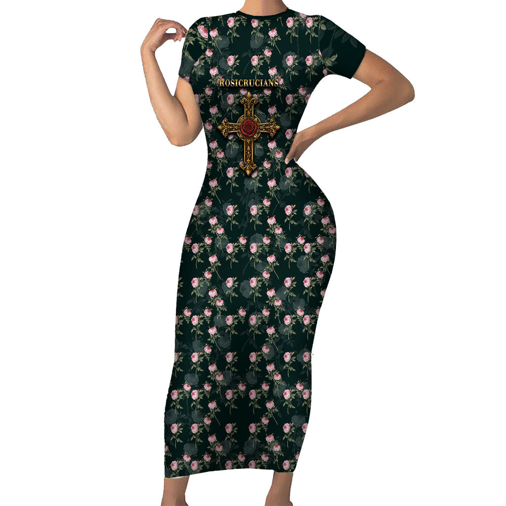 Rosicrucian Order Rose Cross Short Sleeve Bodycon Dress Gothic Baroque Crucifix Vintage Floral