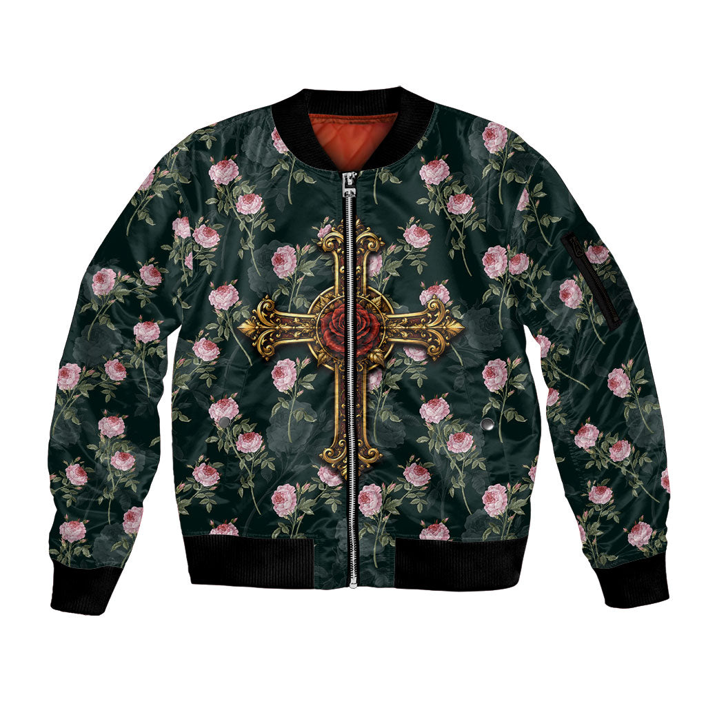 Rosicrucian Order Rose Cross Sleeve Zip Bomber Jacket Gothic Baroque Crucifix Vintage Floral