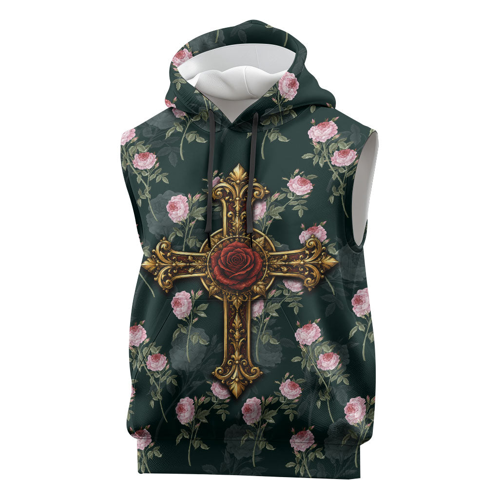 Rosicrucian Order Rose Cross Sleeveless Hoodie Gothic Baroque Crucifix Vintage Floral