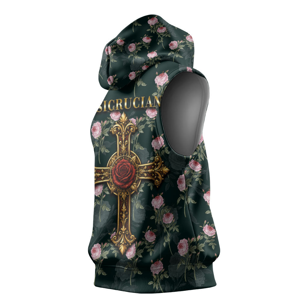 Rosicrucian Order Rose Cross Sleeveless Hoodie Gothic Baroque Crucifix Vintage Floral
