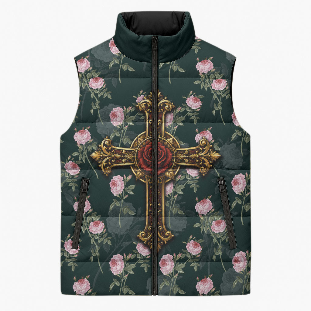 Rosicrucian Order Rose Cross Sleeveless Puffer Jacket Gothic Baroque Crucifix Vintage Floral