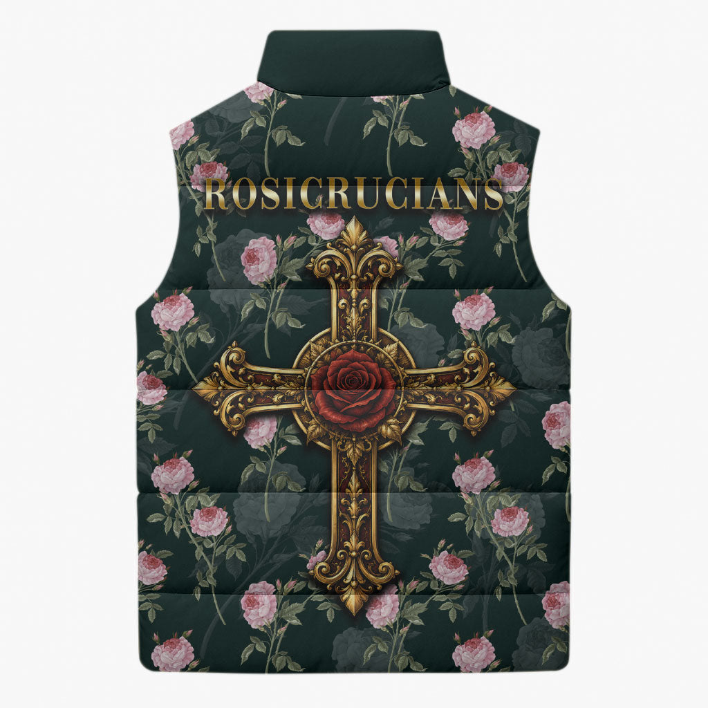 Rosicrucian Order Rose Cross Sleeveless Puffer Jacket Gothic Baroque Crucifix Vintage Floral