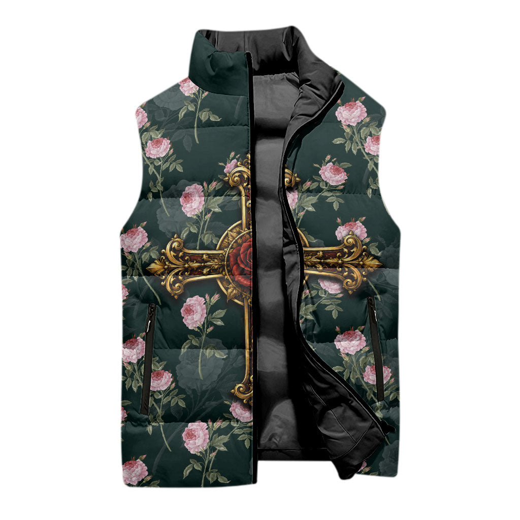 Rosicrucian Order Rose Cross Sleeveless Puffer Jacket Gothic Baroque Crucifix Vintage Floral