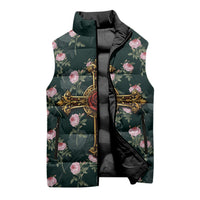 Rosicrucian Order Rose Cross Sleeveless Puffer Jacket Gothic Baroque Crucifix Vintage Floral
