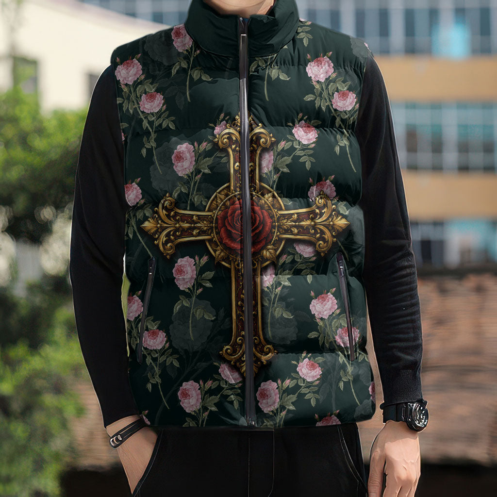 Rosicrucian Order Rose Cross Sleeveless Puffer Jacket Gothic Baroque Crucifix Vintage Floral