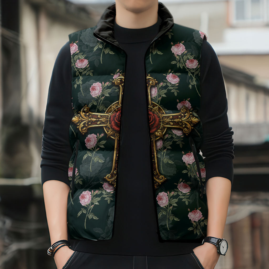 Rosicrucian Order Rose Cross Sleeveless Puffer Jacket Gothic Baroque Crucifix Vintage Floral