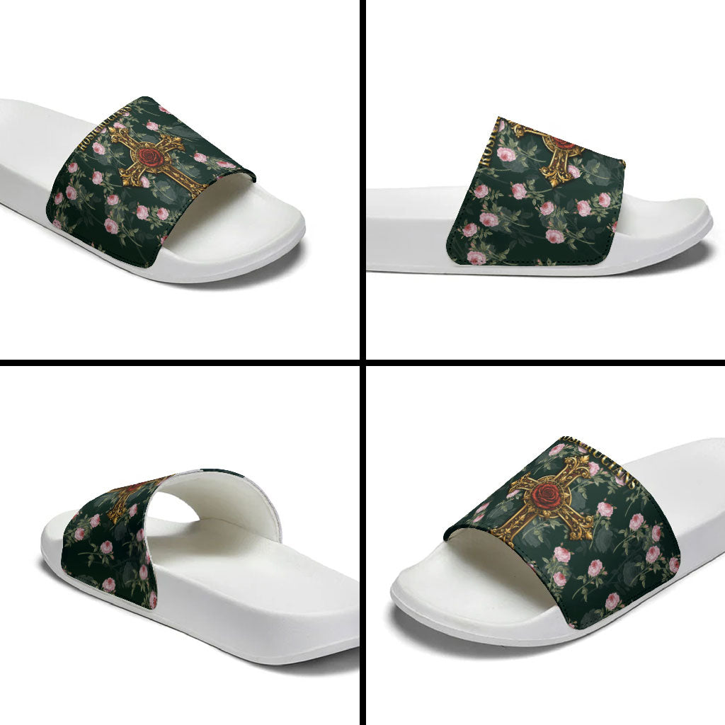 Rosicrucian Order Rose Cross Slide Sandals Gothic Baroque Crucifix Vintage Floral