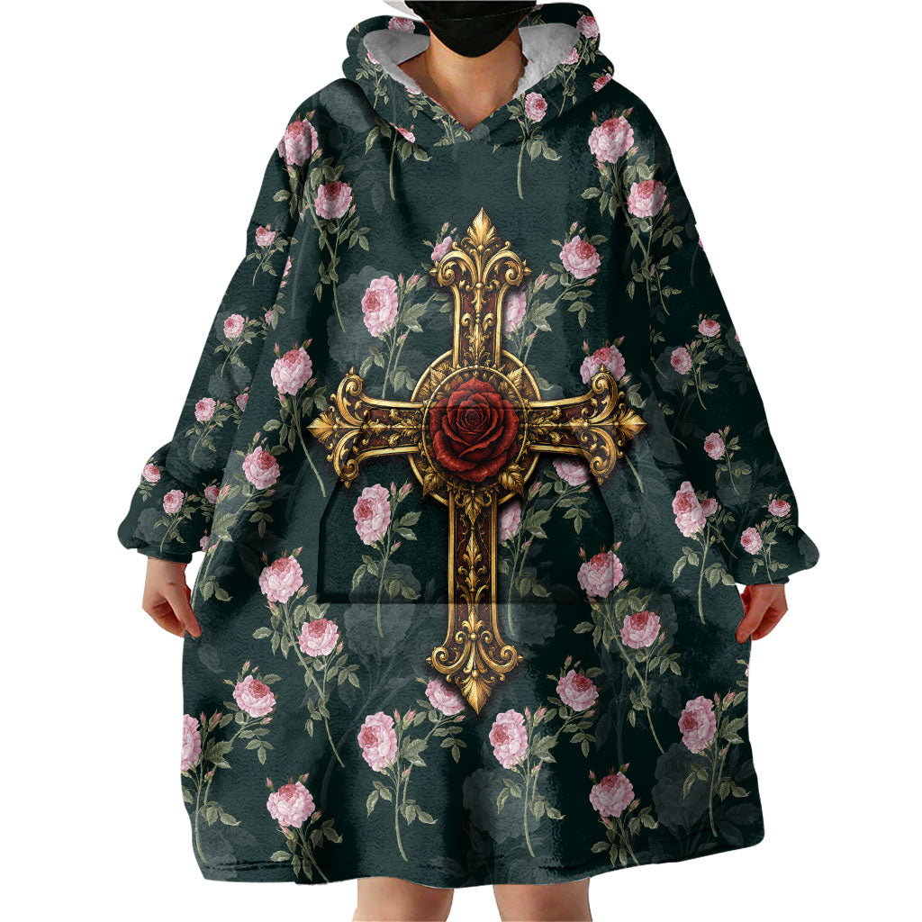 Rosicrucian Order Rose Cross Wearable Blanket Hoodie Gothic Baroque Crucifix Vintage Floral