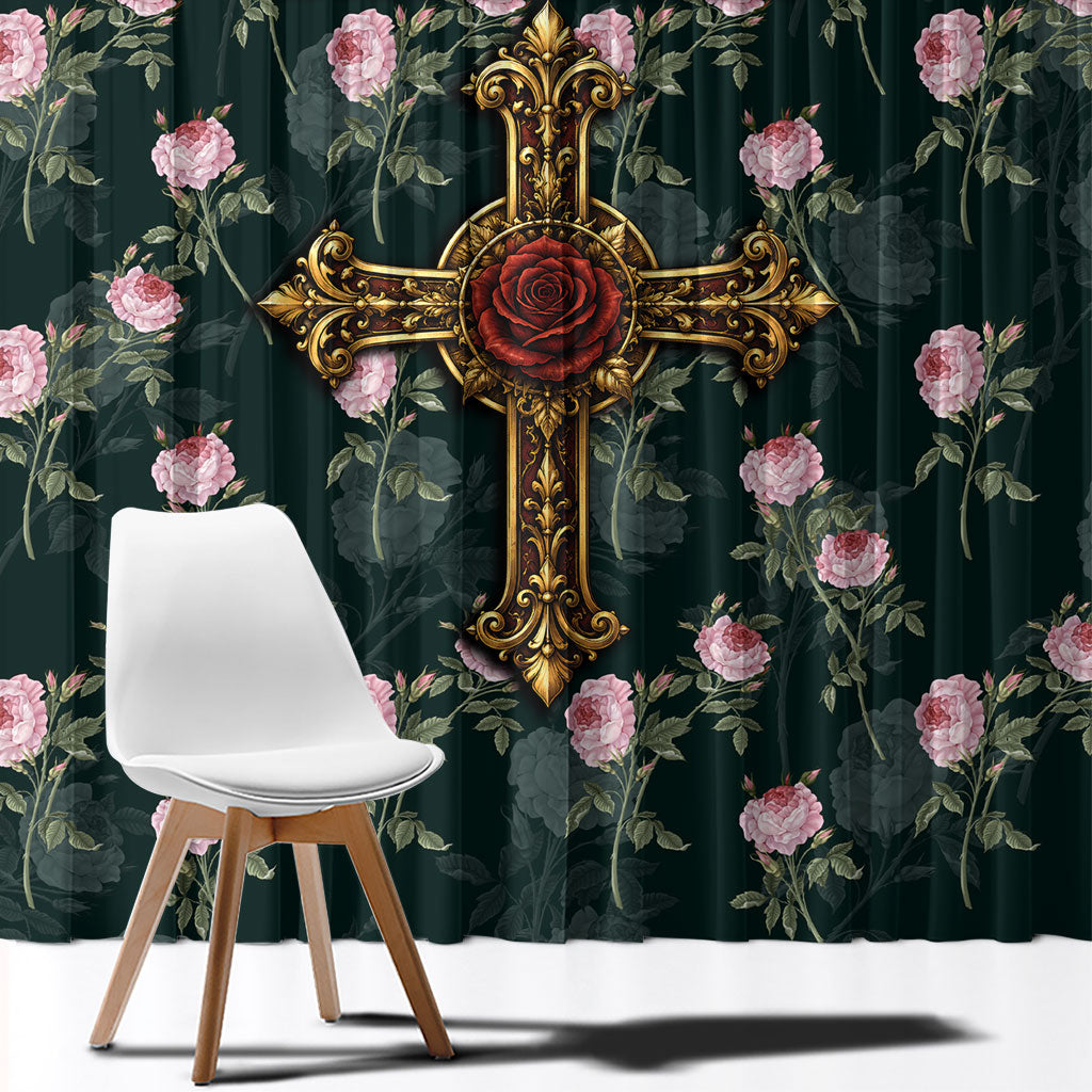 Rosicrucian Order Rose Cross Window Curtain Gothic Baroque Crucifix Vintage Floral
