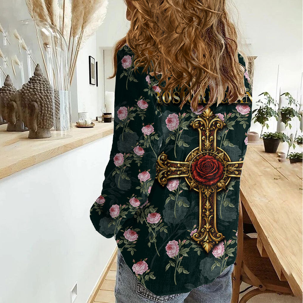Rosicrucian Order Rose Cross Women Casual Shirt Gothic Baroque Crucifix Vintage Floral