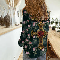 Rosicrucian Order Rose Cross Women Casual Shirt Gothic Baroque Crucifix Vintage Floral