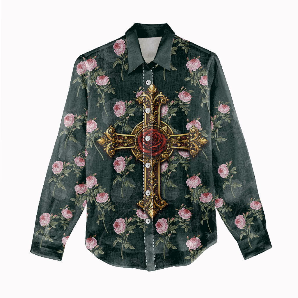 Rosicrucian Order Rose Cross Women Casual Shirt Gothic Baroque Crucifix Vintage Floral