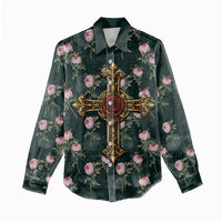 Rosicrucian Order Rose Cross Women Casual Shirt Gothic Baroque Crucifix Vintage Floral
