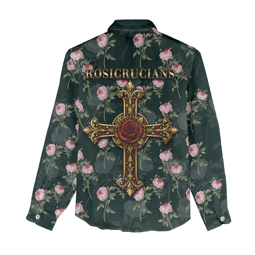 Rosicrucian Order Rose Cross Women Casual Shirt Gothic Baroque Crucifix Vintage Floral