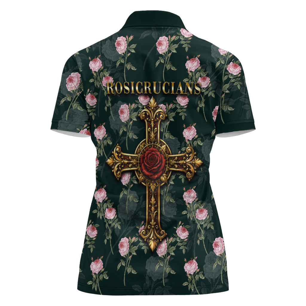 Rosicrucian Order Rose Cross Women Polo Shirt Gothic Baroque Crucifix Vintage Floral