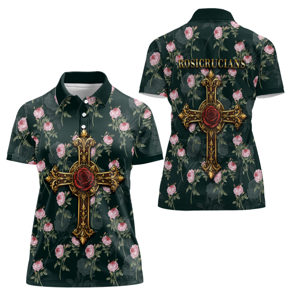 Rosicrucian Order Rose Cross Women Polo Shirt Gothic Baroque Crucifix Vintage Floral