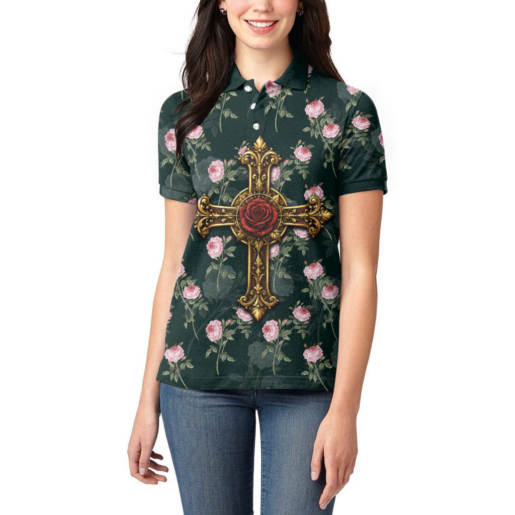 Rosicrucian Order Rose Cross Women Polo Shirt Gothic Baroque Crucifix Vintage Floral