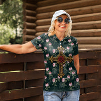 Rosicrucian Order Rose Cross Women Polo Shirt Gothic Baroque Crucifix Vintage Floral