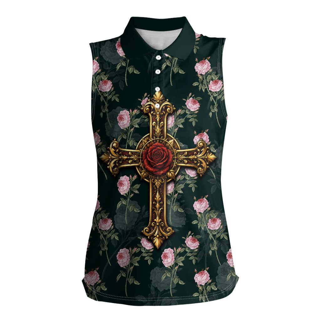Rosicrucian Order Rose Cross Women Sleeveless Polo Shirt Gothic Baroque Crucifix Vintage Floral