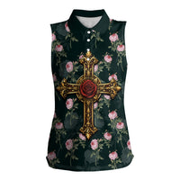 Rosicrucian Order Rose Cross Women Sleeveless Polo Shirt Gothic Baroque Crucifix Vintage Floral