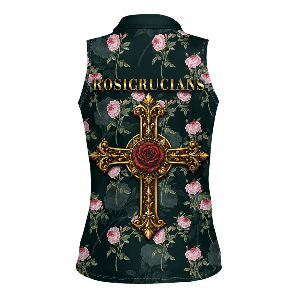 Rosicrucian Order Rose Cross Women Sleeveless Polo Shirt Gothic Baroque Crucifix Vintage Floral