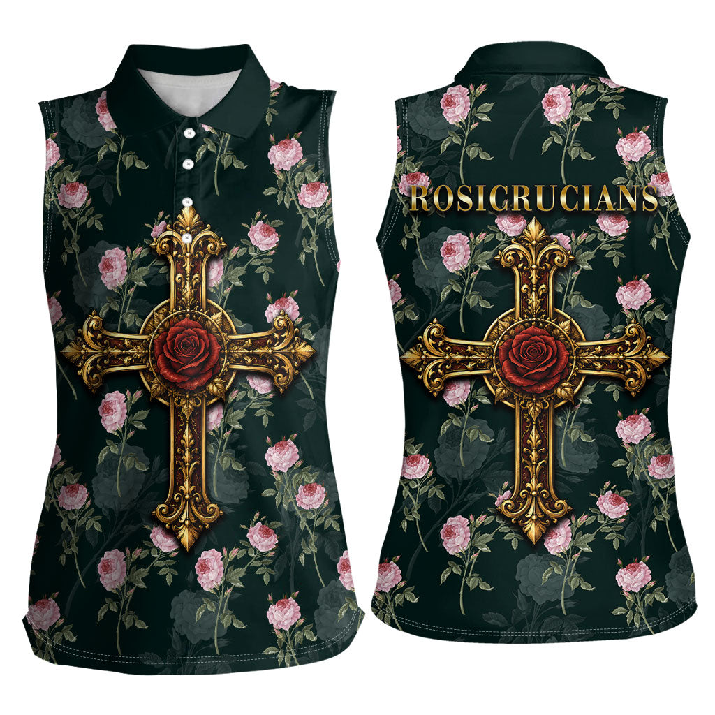 Rosicrucian Order Rose Cross Women Sleeveless Polo Shirt Gothic Baroque Crucifix Vintage Floral