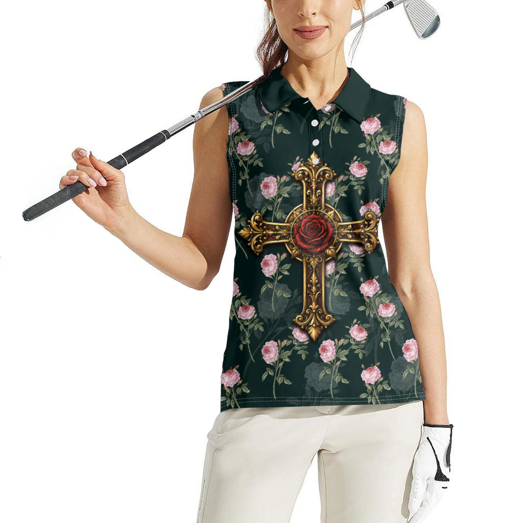 Rosicrucian Order Rose Cross Women Sleeveless Polo Shirt Gothic Baroque Crucifix Vintage Floral