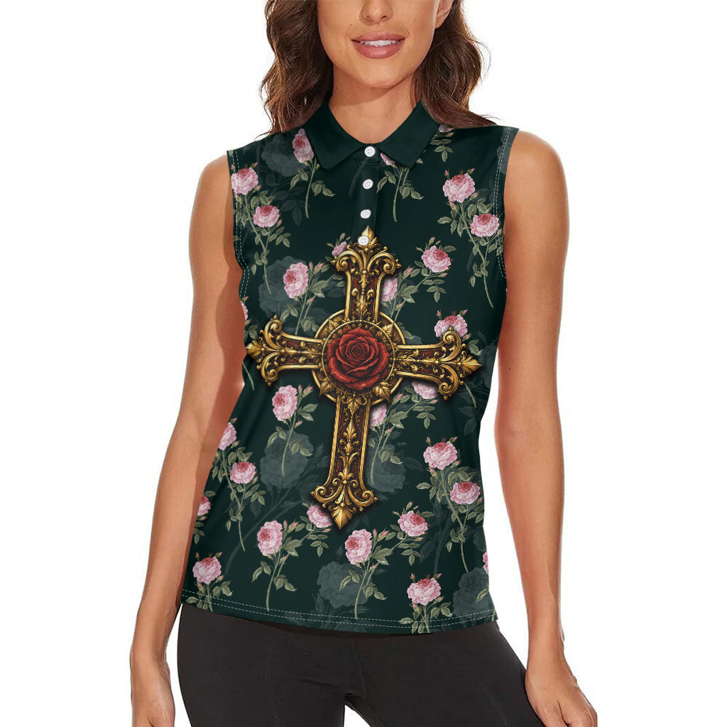 Rosicrucian Order Rose Cross Women Sleeveless Polo Shirt Gothic Baroque Crucifix Vintage Floral