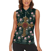 Rosicrucian Order Rose Cross Women Sleeveless Polo Shirt Gothic Baroque Crucifix Vintage Floral