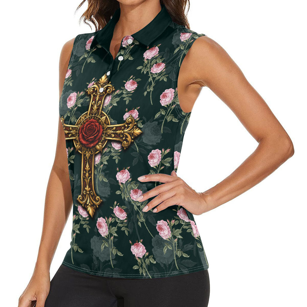 Rosicrucian Order Rose Cross Women Sleeveless Polo Shirt Gothic Baroque Crucifix Vintage Floral