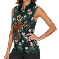 Rosicrucian Order Rose Cross Women Sleeveless Polo Shirt Gothic Baroque Crucifix Vintage Floral