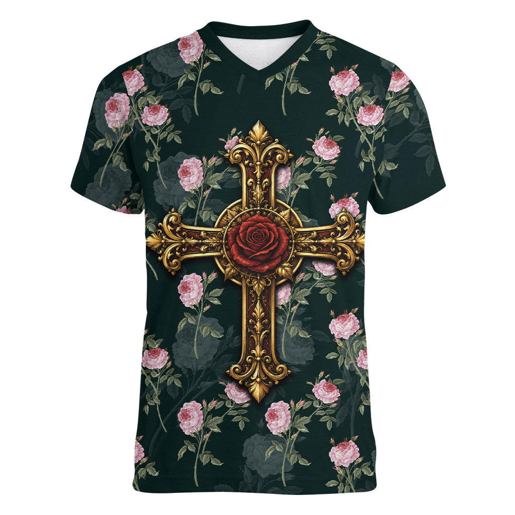 Rosicrucian Order Rose Cross Women V-Neck T-Shirt Gothic Baroque Crucifix Vintage Floral