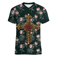 Rosicrucian Order Rose Cross Women V-Neck T-Shirt Gothic Baroque Crucifix Vintage Floral
