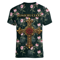 Rosicrucian Order Rose Cross Women V-Neck T-Shirt Gothic Baroque Crucifix Vintage Floral