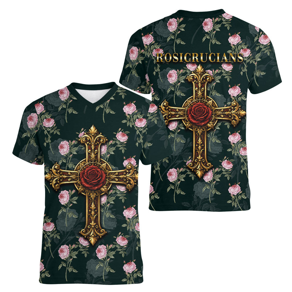 Rosicrucian Order Rose Cross Women V-Neck T-Shirt Gothic Baroque Crucifix Vintage Floral