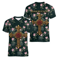 Rosicrucian Order Rose Cross Women V-Neck T-Shirt Gothic Baroque Crucifix Vintage Floral