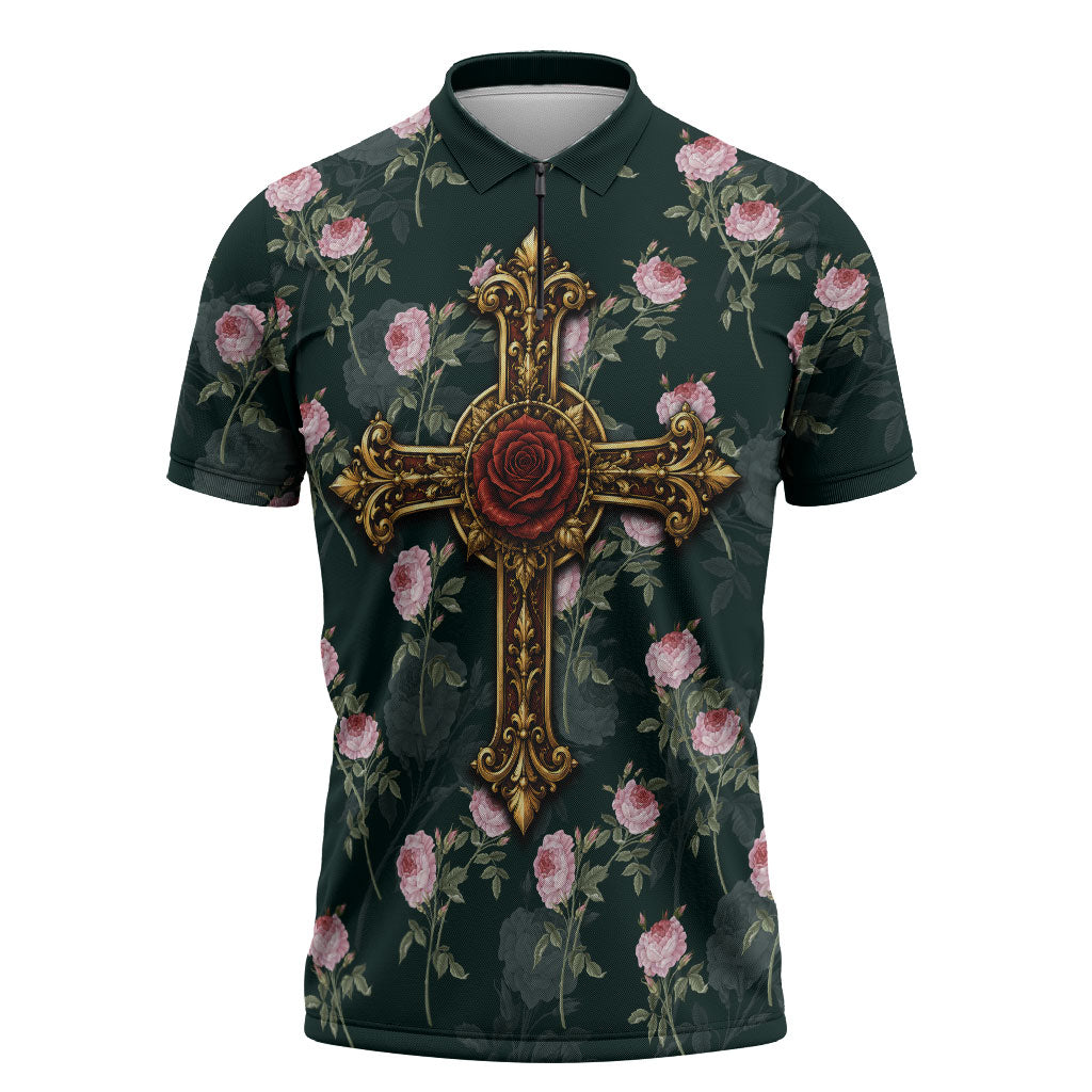 Rosicrucian Order Rose Cross Zipper Polo Shirt Gothic Baroque Crucifix Vintage Floral