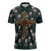 Rosicrucian Order Rose Cross Zipper Polo Shirt Gothic Baroque Crucifix Vintage Floral